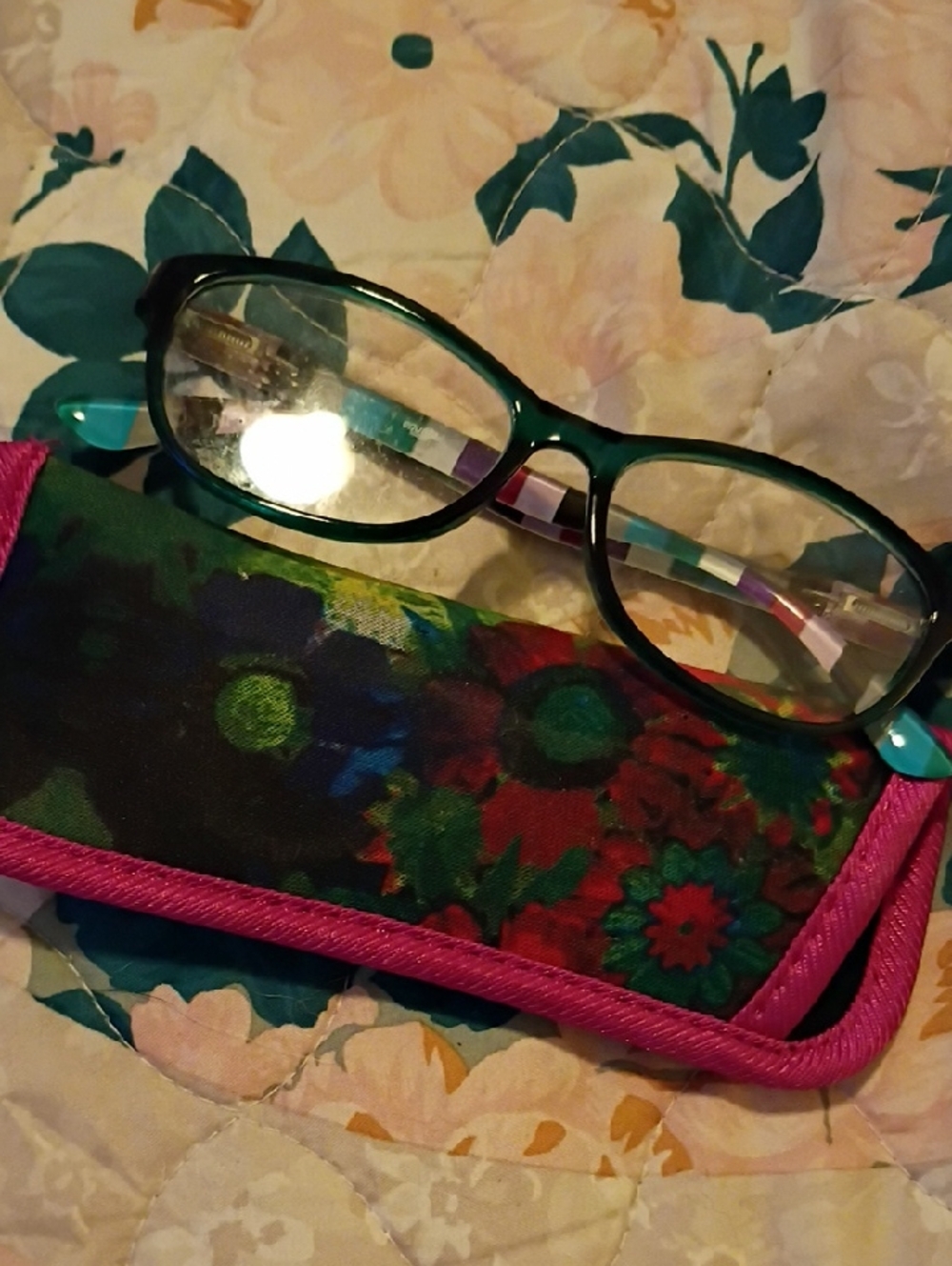 Teal Frame Reading Glasses with Floral Case